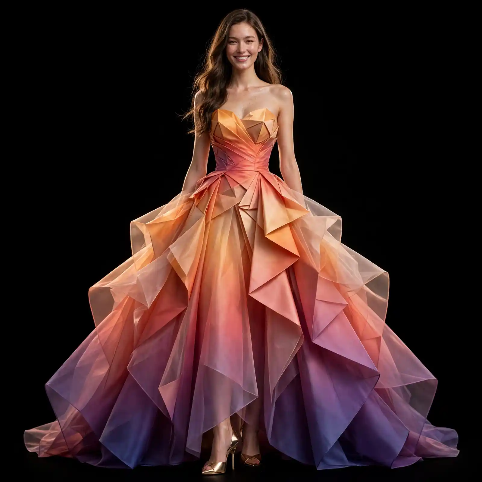 AKELA Sunset Origami ExpensiveE Orange Pink Purple Ombre Origami Fan Ball Gown with Geometric Pleats and Gold Heels
