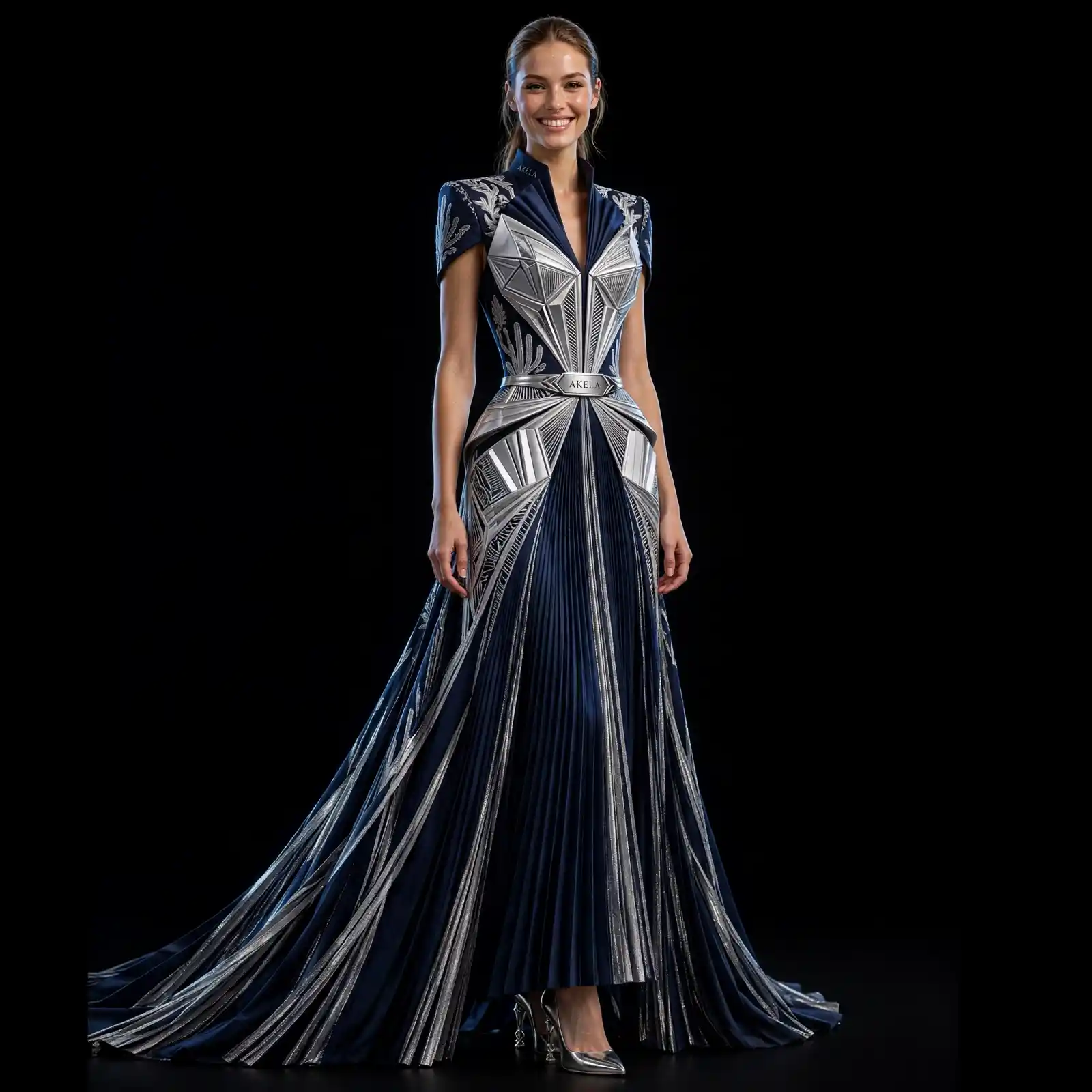 ExpensiveE Navy Silver Geometric Armor PleatedGown with AKELA Metallic Belt and Train