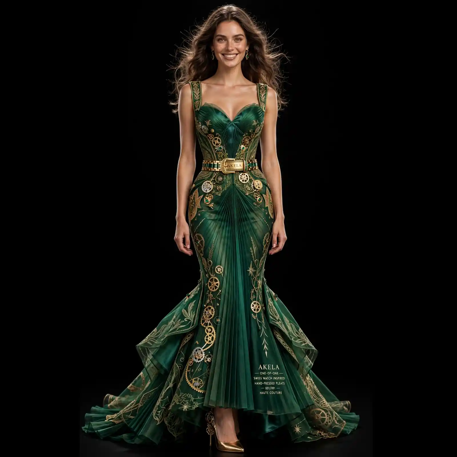 ExpensiveE Emerald Green Gold Steampunk Gear Clock MermaidGown with AKELA Belt and Gold Heels