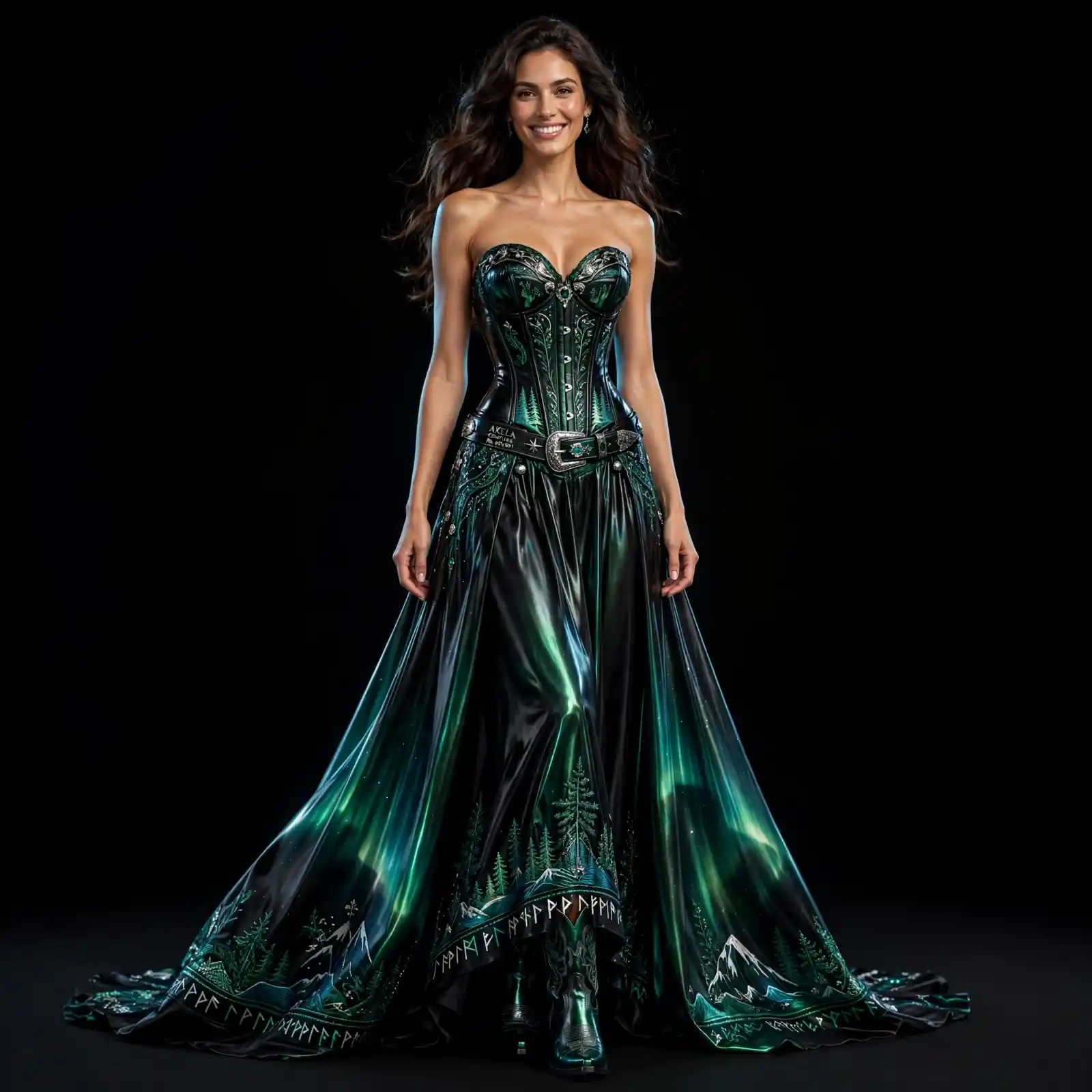Aurora Forest ExpensiveE Emerald Green Black Iridescent Corset Mermaid with Mountain Print