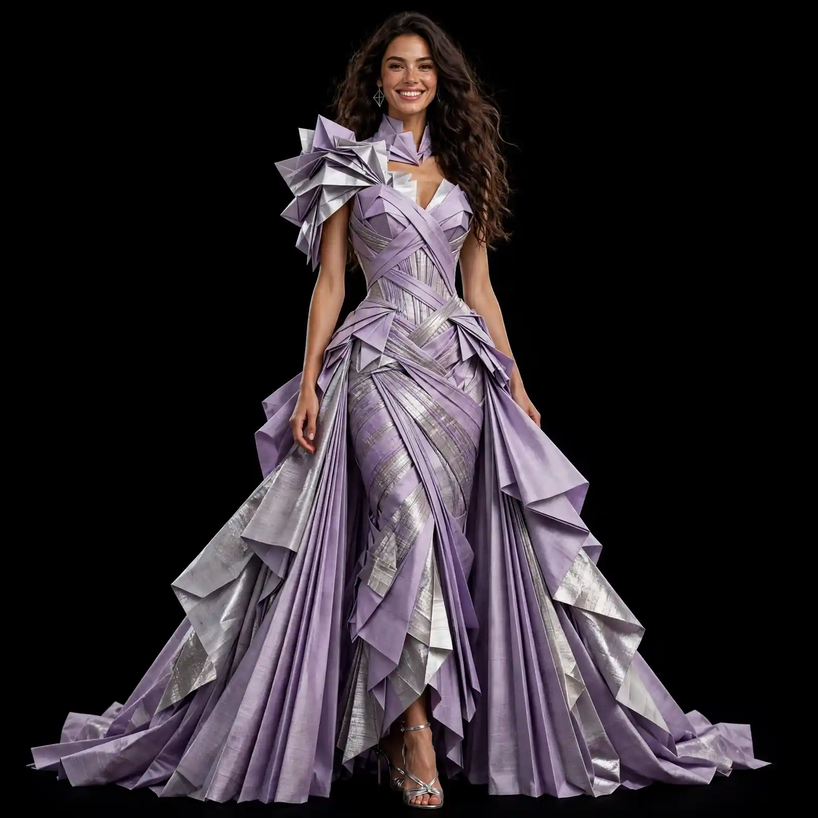 Origami Lilac ExpensiveE Lavender Silver Sculptural Pleated Mermaid with Origami Shoulder