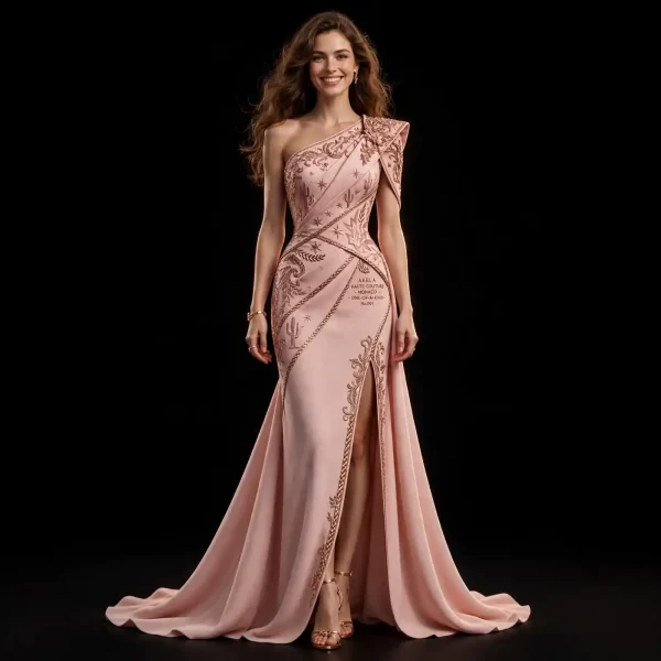 Akela Blush Desert ExpensiveE Dusty Pink One-Shoulder Western Embroidered Mermaid Gown Monaco