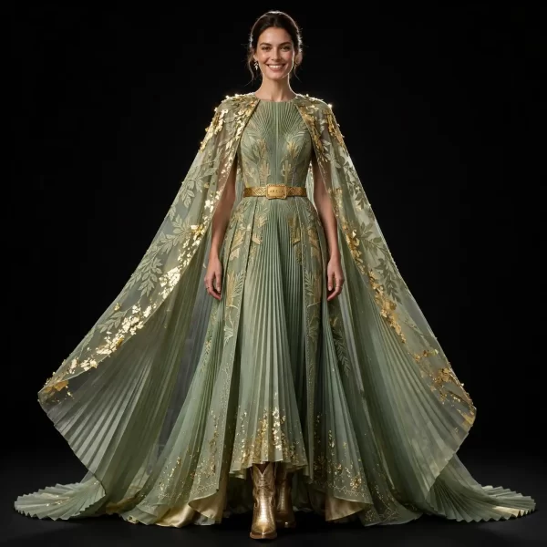 Akela Sage Gold ExpensiveE Sage Green Pleated CapeGown with Gold Leaf Foil and Cowboy Boots
