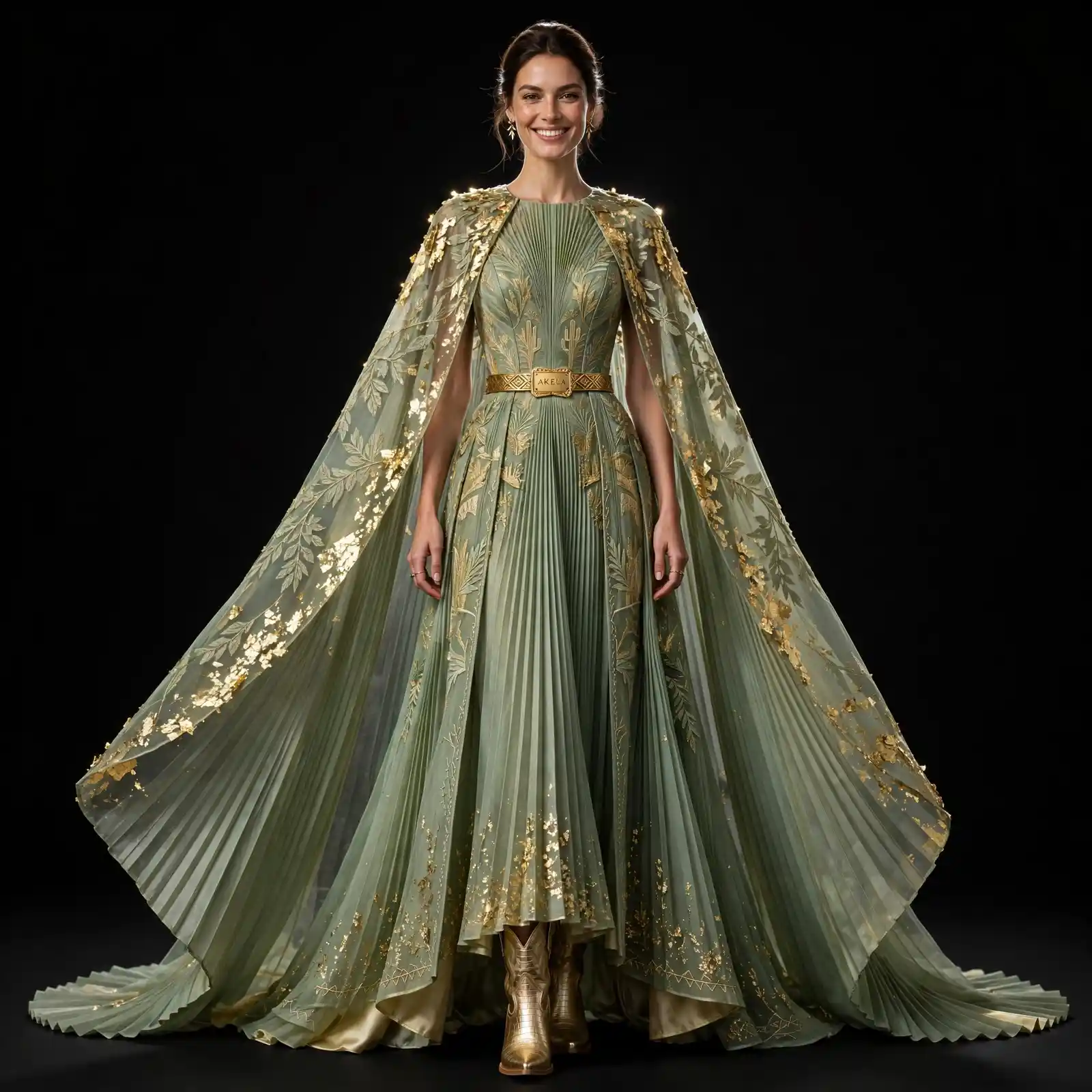 Akela Sage Gold ExpensiveE Sage Green Pleated CapeGown with Gold Leaf Foil and Cowboy Boots