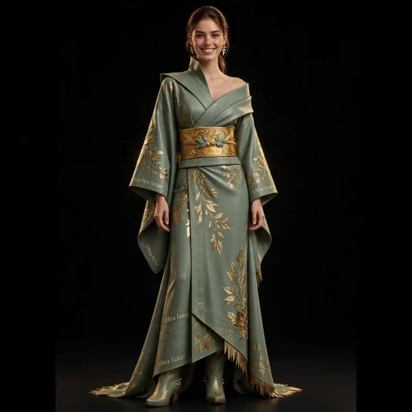 Akela Kimono Sage ExpensiveE Sage Green Leather Kimono WrapGown with Gold Obi Belt