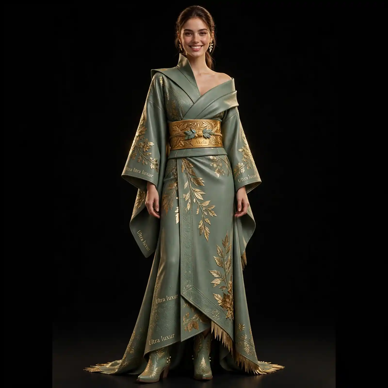 Akela Kimono Sage ExpensiveE Sage Green Leather Kimono WrapGown with Gold Obi Belt