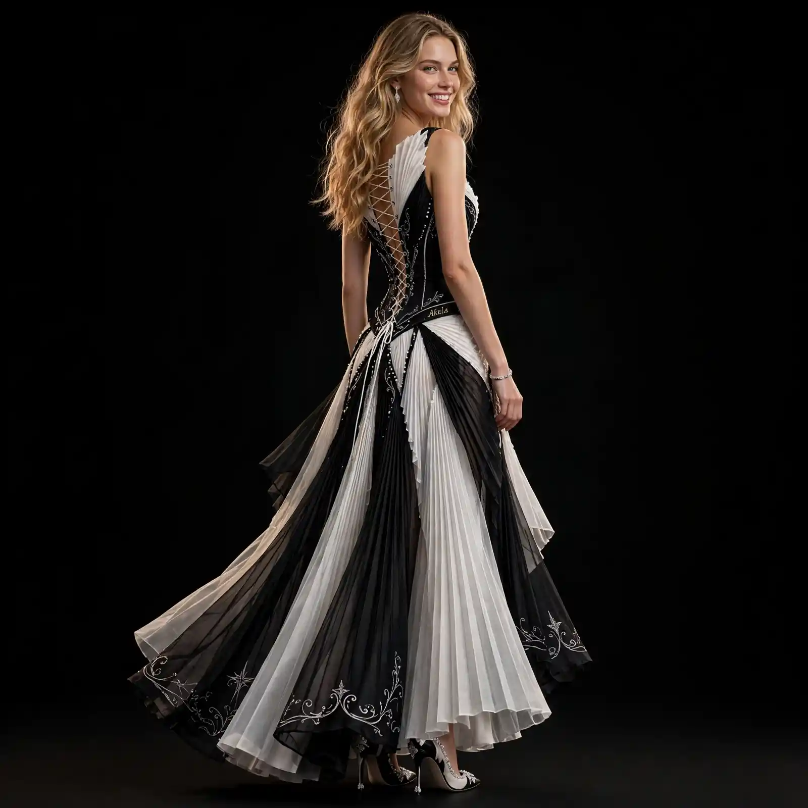 Akela Monochrome Fan ExpensiveE Black White Pleated Corset Lace-Up Mermaid Gown