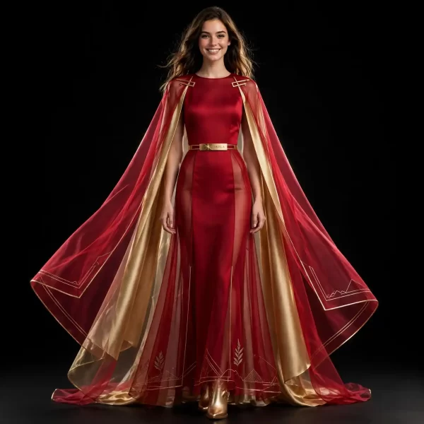 Akela Crimson Sentinel ExpensiveE Red Gold CapeGown with Sheer Side Panels