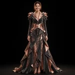 AKELA Origami Armour ExpensiveE Black Rose Gold Geometric Armour Blazer Gown with Spiked Shoulders and Lace Panels and Rose Gold Heels