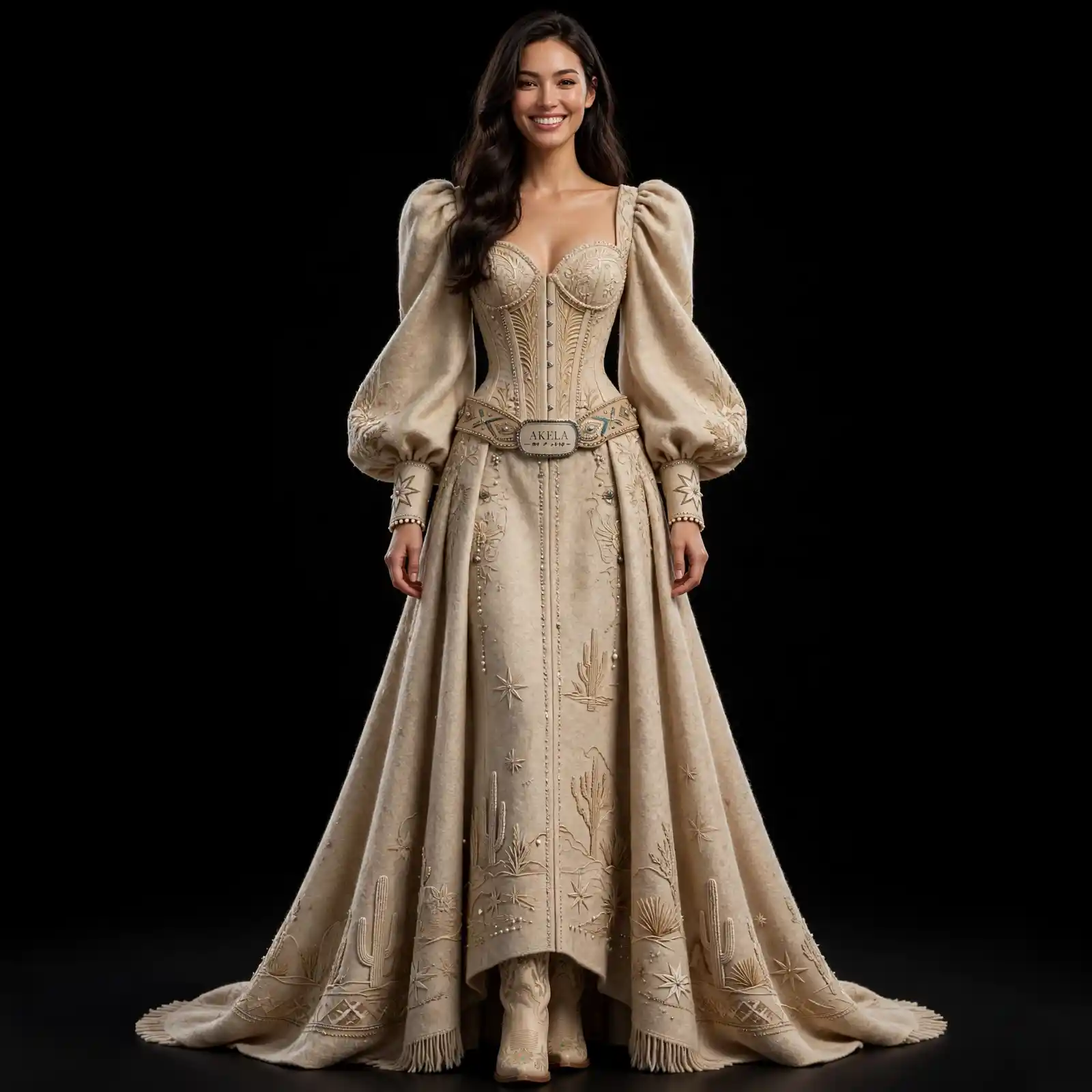 AKELA Beige Desert ExpensiveE Beige Tan Cactus Star Embroidered Puff Sleeve Corset BallGown with AKELA Belt and Fringe Hem