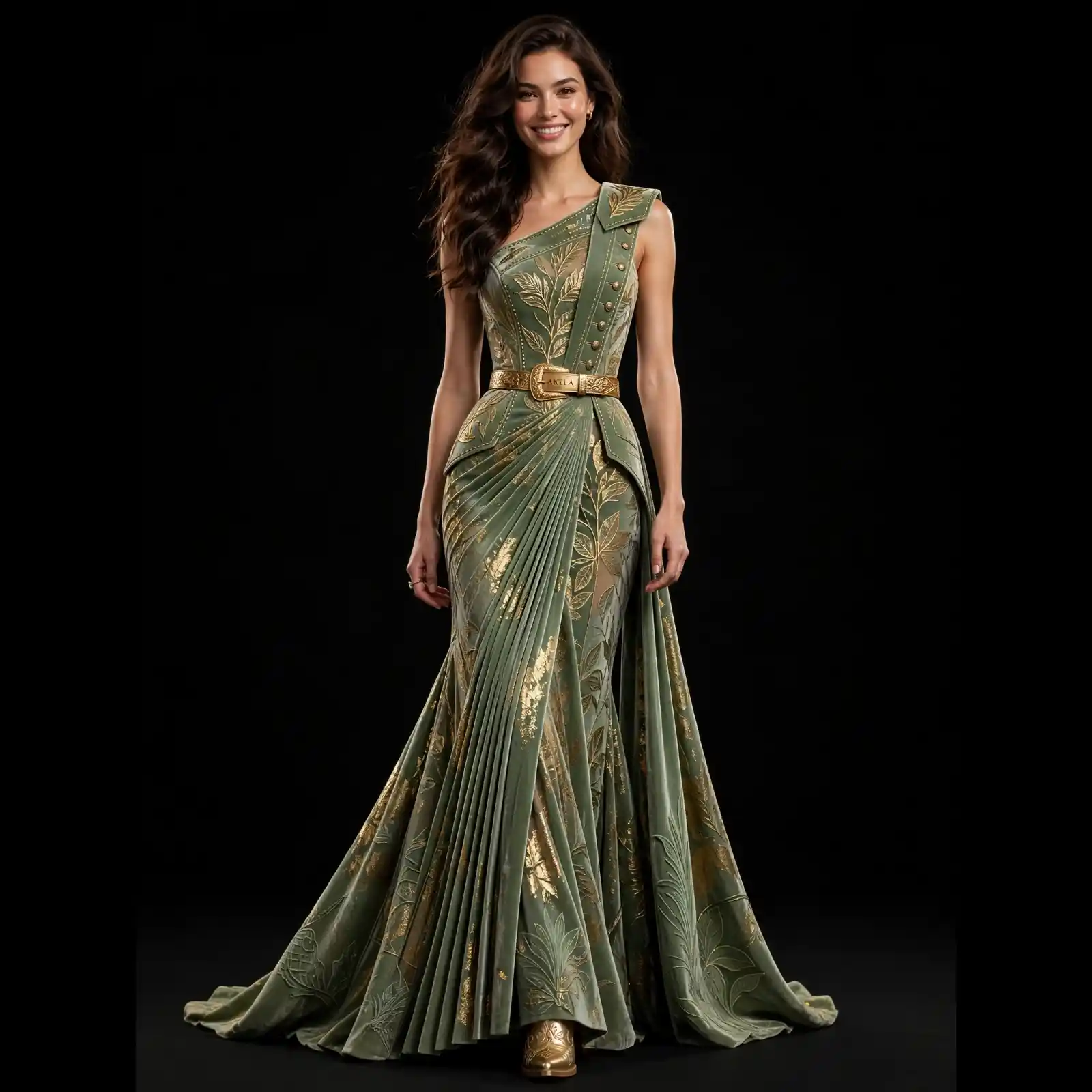 AKELA Sage Gold ExpensiveE Sage Green Gold Leaf Embroidered One-Shoulder Pleated Draped Mermaid Gown with Belt