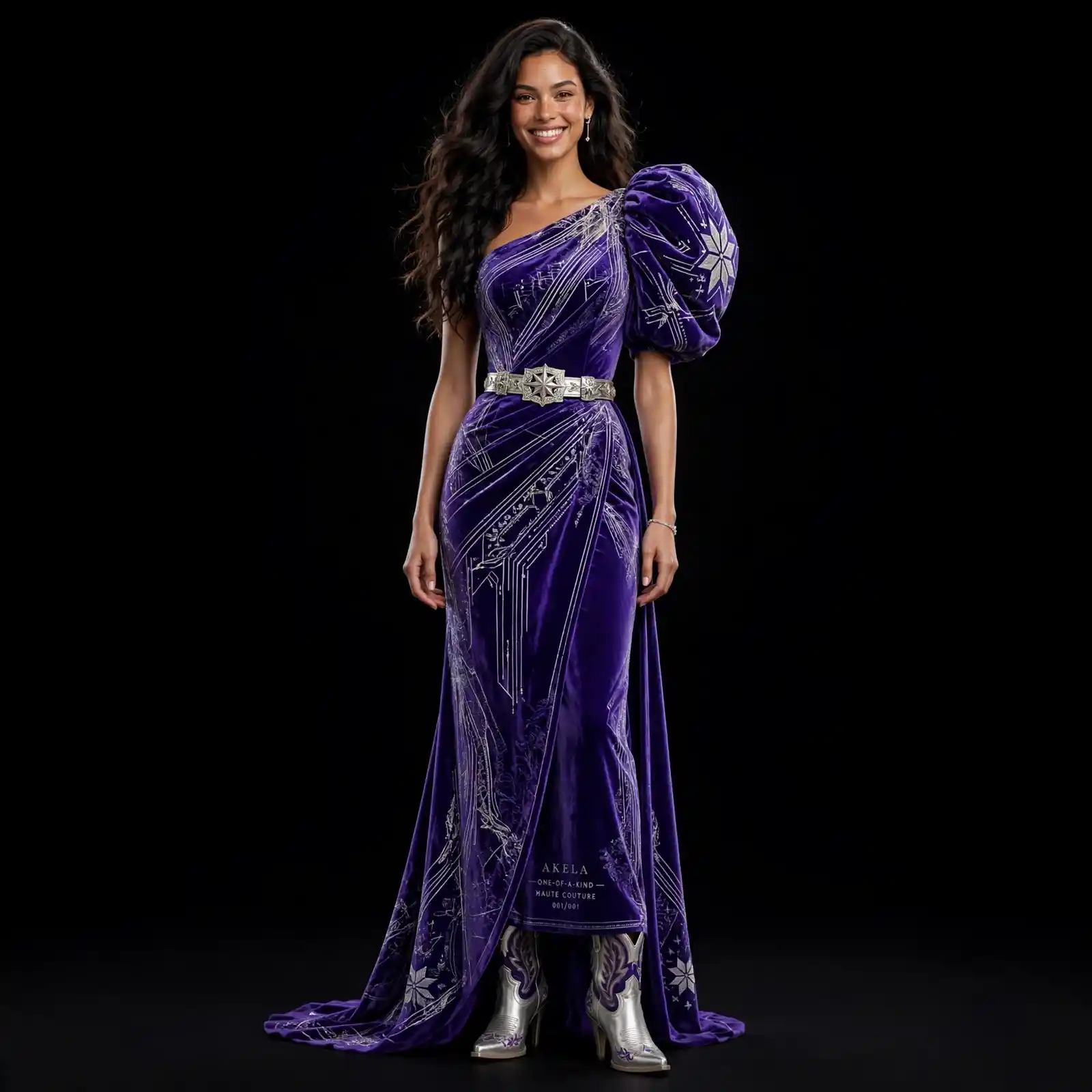Royal Violet ExpensiveE Purple Velvet One-Shoulder Puff Sleeve StarGown