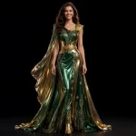 Akela Emerald Gold ExpensiveE Green Gold Cape Armor MermaidGown with Cactus Stars