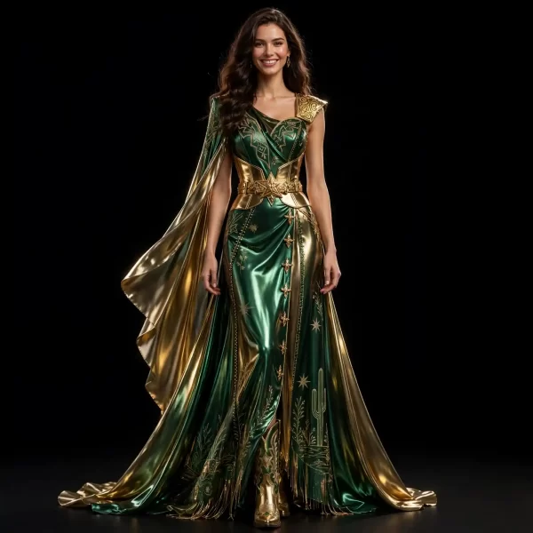 Akela Emerald Gold ExpensiveE Green Gold Cape Armor MermaidGown with Cactus Stars