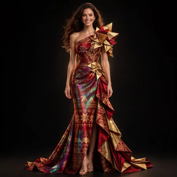 Akela Crimson Origami ExpensiveE Red Gold Fan Star MermaidGown Monaco One of a Kind