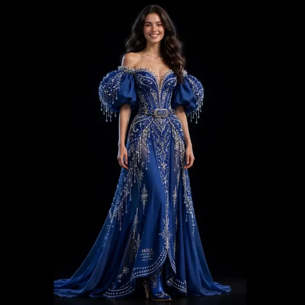 Akela Royal Sapphire ExpensiveE Navy Blue Silver Crystal Fringe Puff Sleeve Mermaid Gown Monaco