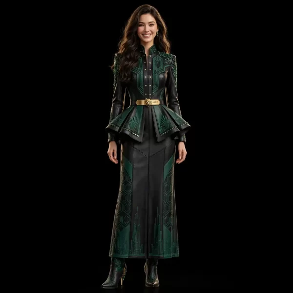 Akela Peplum Forest ExpensiveE Black Green Art Deco Peplum Leather MermaidGown