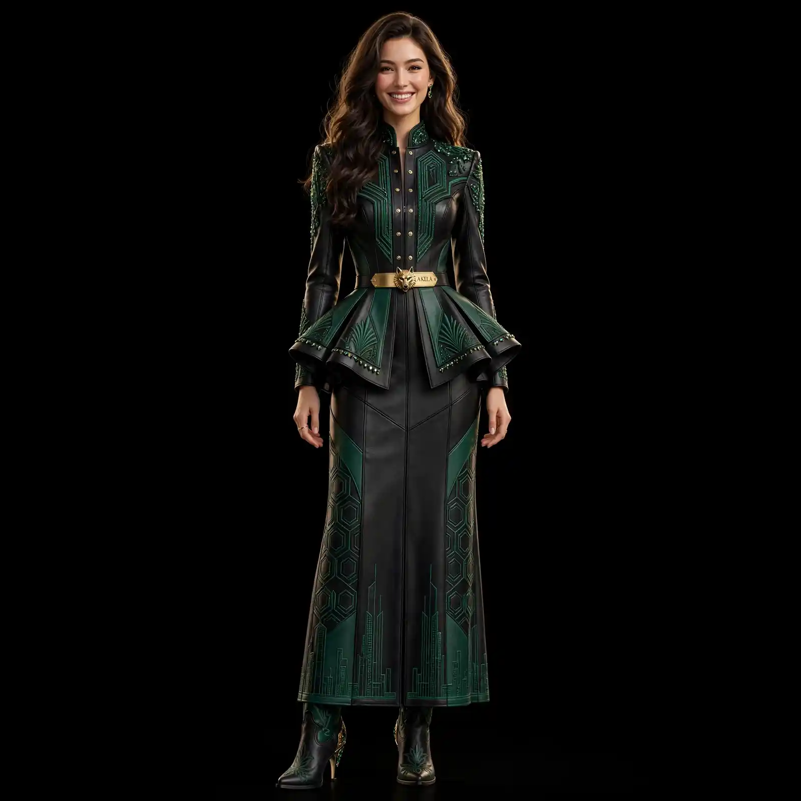 Akela Peplum Forest ExpensiveE Black Green Art Deco Peplum Leather MermaidGown