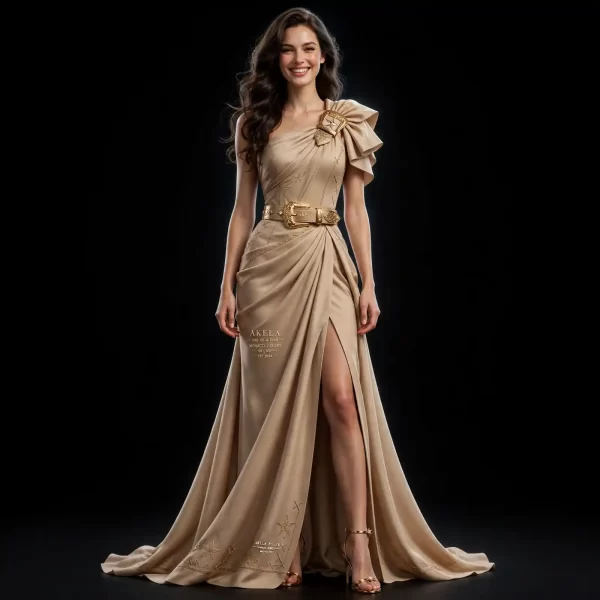Akela Dune Gold ExpensiveE Beige Gold One-Shoulder Draped SlitGown Monaco Luxury