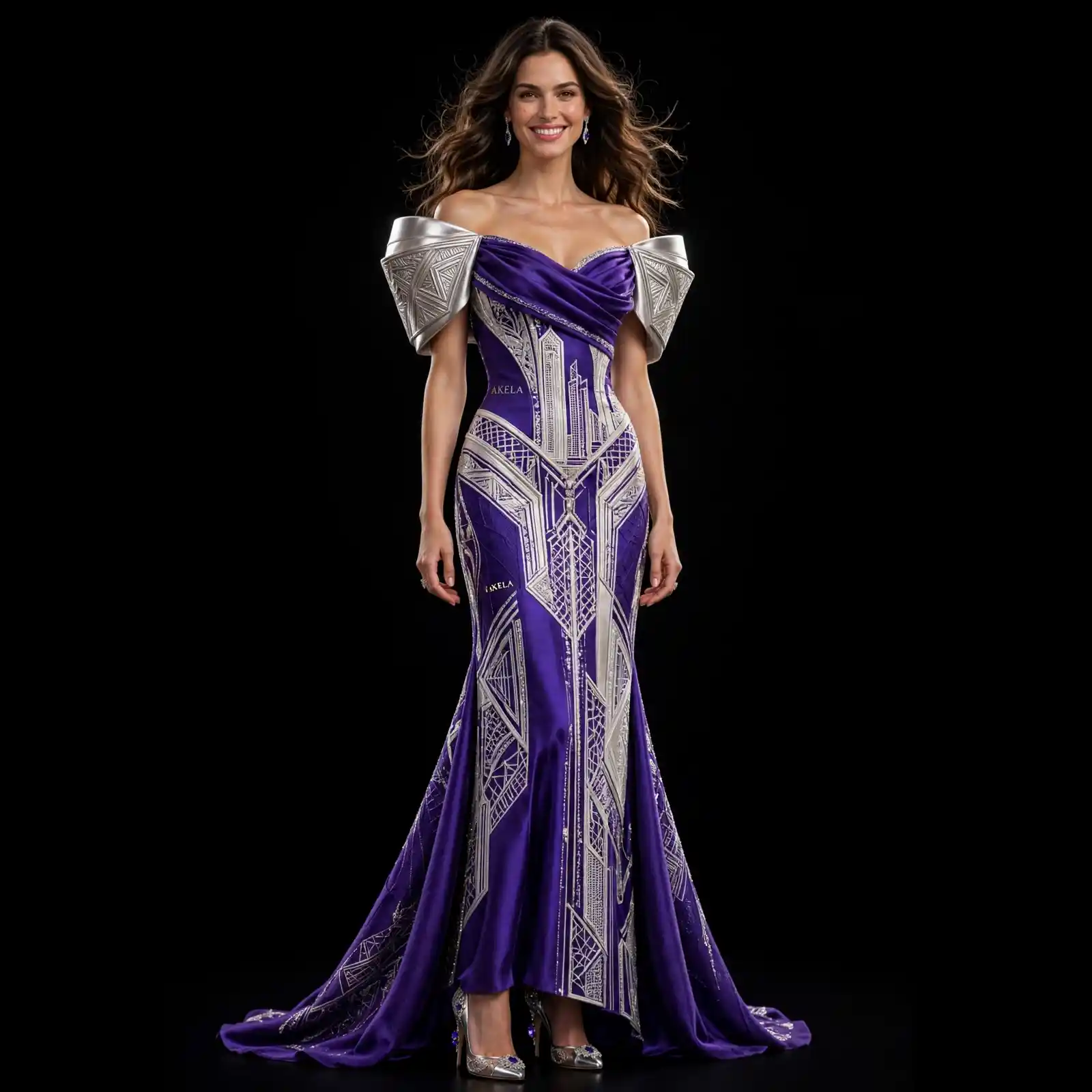 Akela Metropolis Violet ExpensiveE Purple Silver Art Deco Cityscape MermaidGown with Shoulder Armor