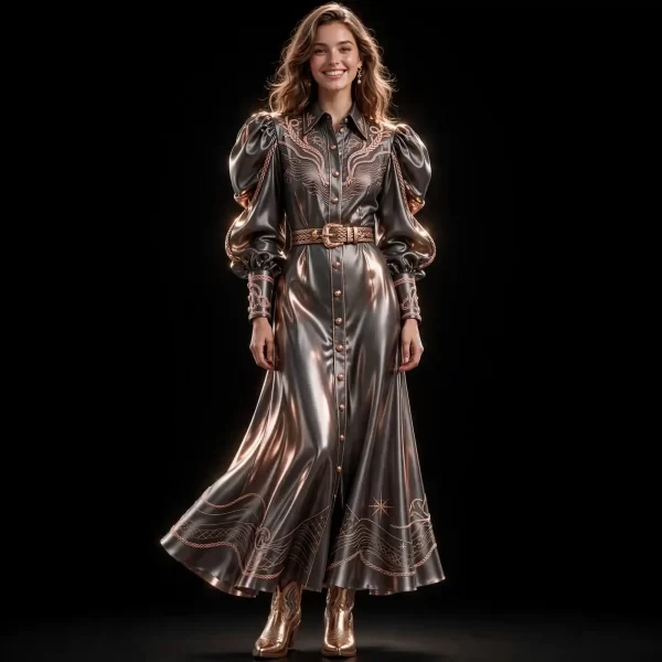 Akela Gunmetal Rose ExpensiveE Metallic Silver Rose Gold Western Puff Shirt Dress