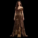 AKELA Chocolate Marble ExpensiveE Brown Gold Marble Off-Shoulder Draped MermaidGown with Gold Cactus Star Fringe and Gold Cowboy Boots and AKELA 001/001 Handcrafted