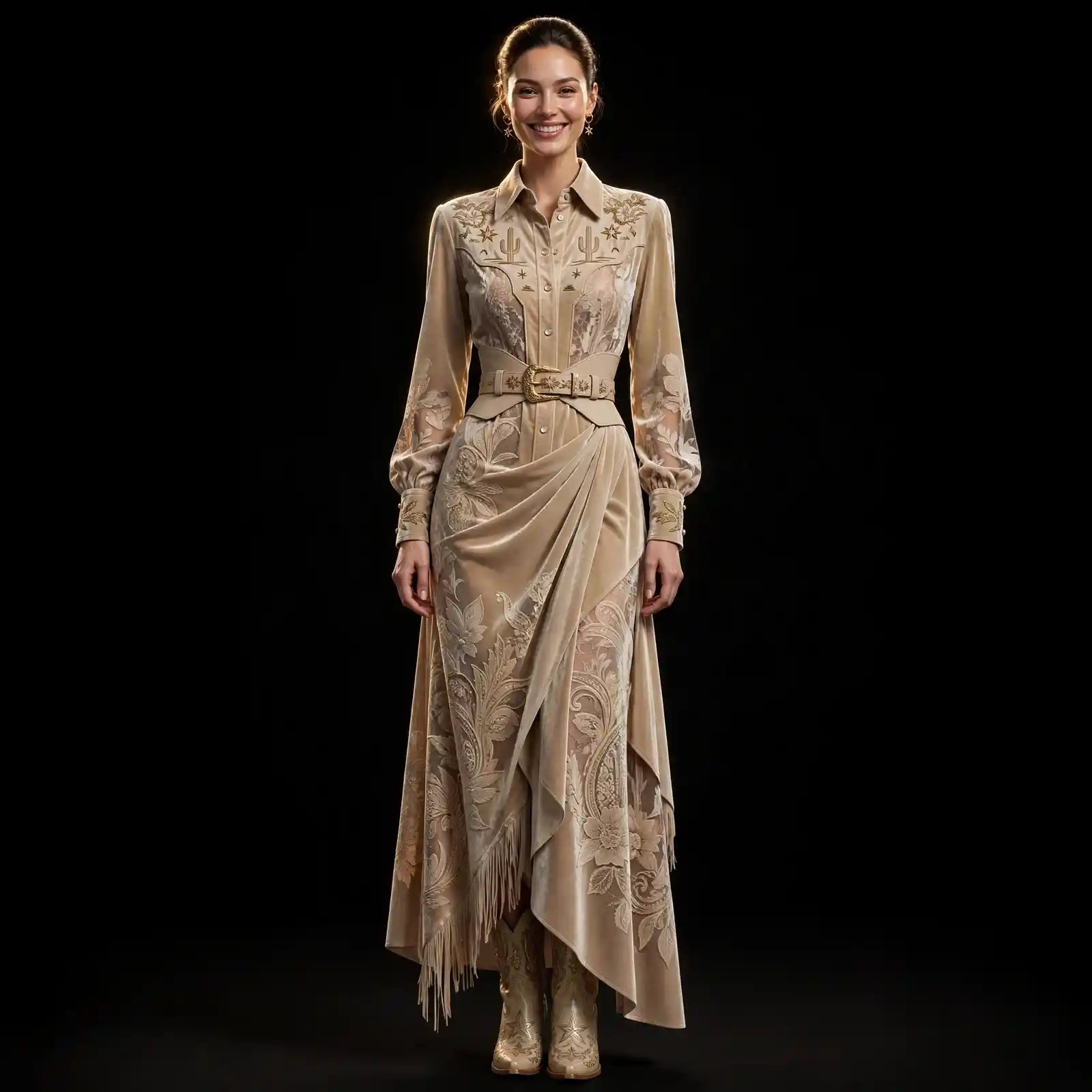 AKELA Beige Botanical ExpensiveE Beige Ivory White Lace Floral Draped Shirt DressGown with Gold AKELA Belt and Star Cactus Embroidery and Beige Cowboy Boots