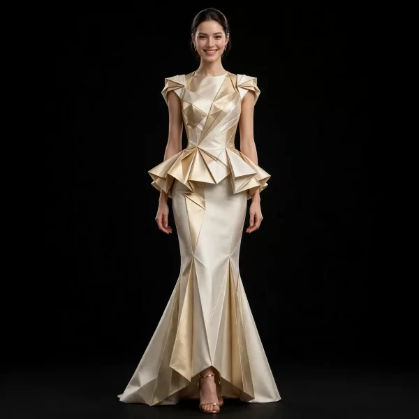 Akela Origami ExpensiveE Champagne Gold Geometric MermaidGown with Peplum