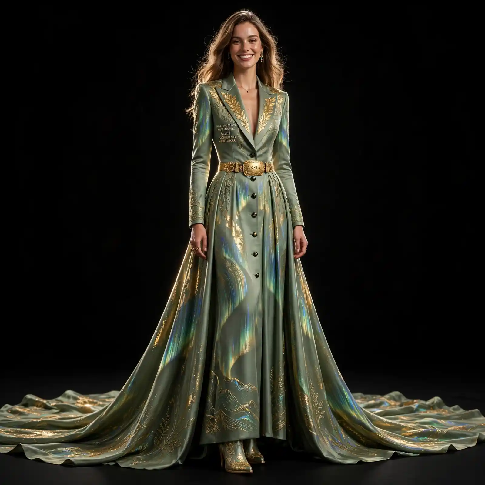 AKELA Sage Aurora ExpensiveE Sage Green Gold Iridescent Aurora Borealis Blazer BallGown with Gold AKELA Belt and Gold Cowboy Boots and Mountain Wave Embroidery