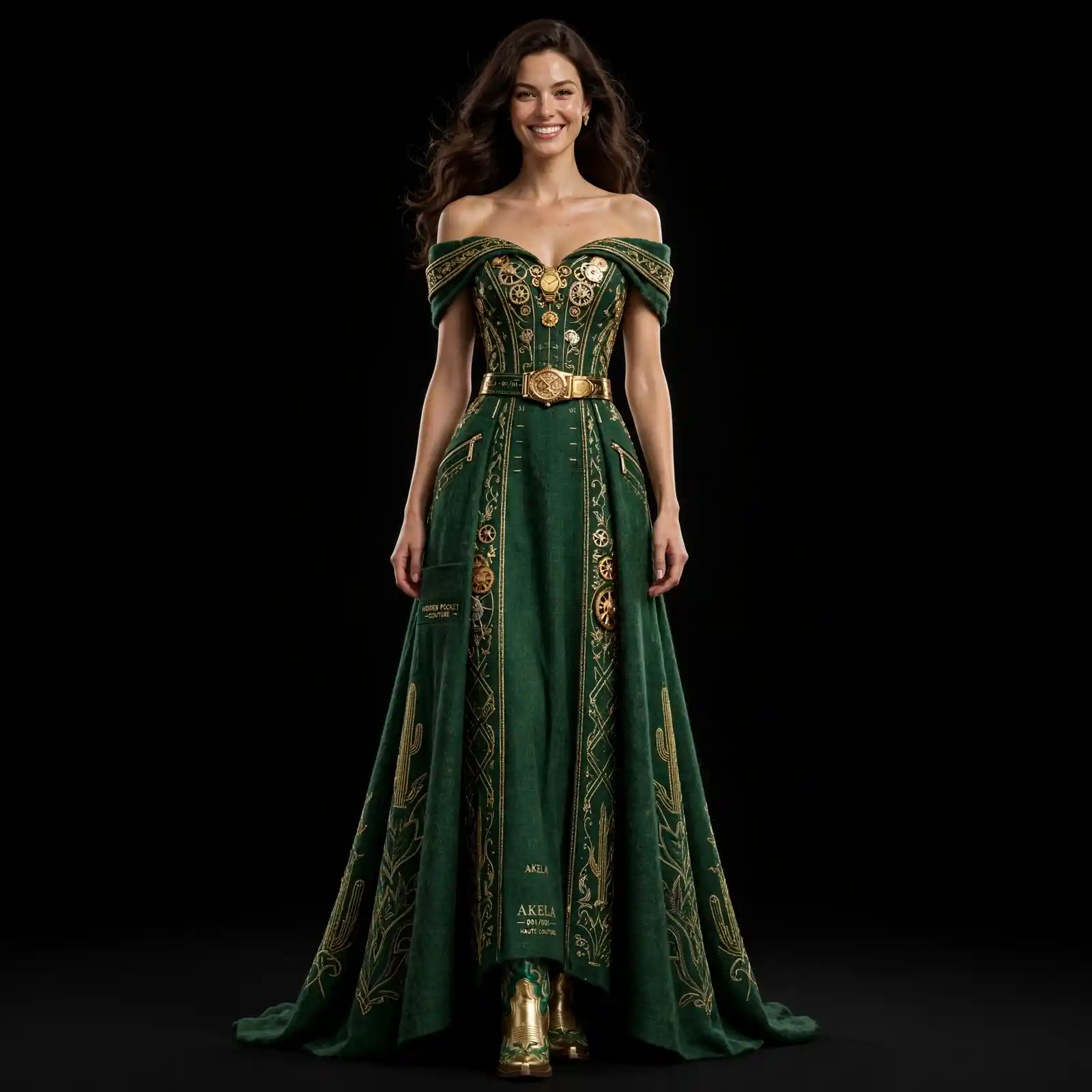 AKELA Emerald Steampunk ExpensiveE Emerald Green Gold Steampunk Gear Clockwork Corset Off-Shoulder BallGown with Gold Compass Belt and Cactus Embroidery and Gold Green Cowboy Boots and AKELA HAUTE COUTURE 001/001