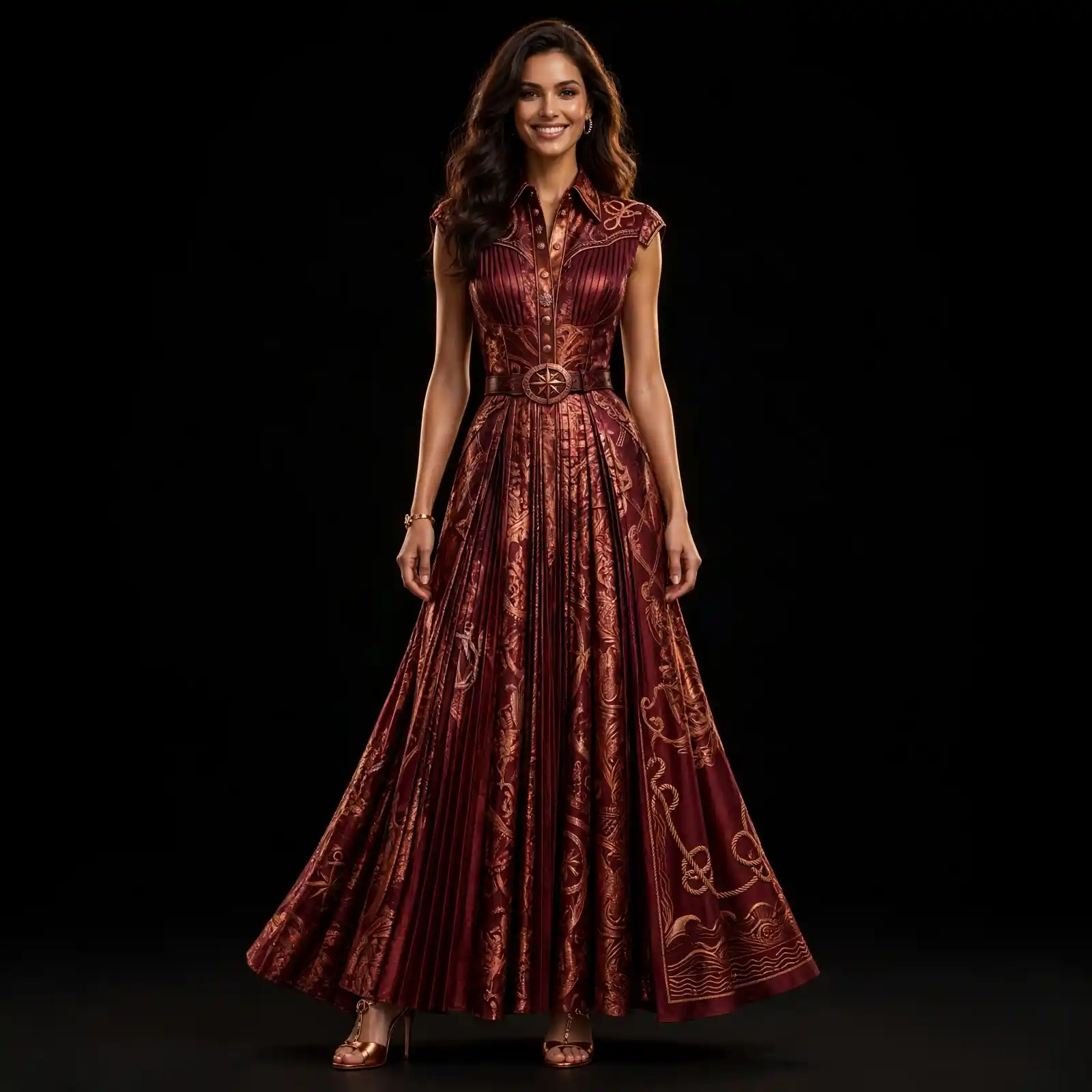 AKELA Burgundy Nautical ExpensiveE Burgundy Red Gold Pleated Nautical Rope Anchor Embroidery BallGown with Compass Star Belt and Gold Heels