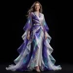 AKELA Iridescent Aurora ExpensiveE Purple White Silver Holographic Iridescent Kimono WrapGown with Silver Geometric Belt and Ruffled Iridescent Panels and Silver Heels