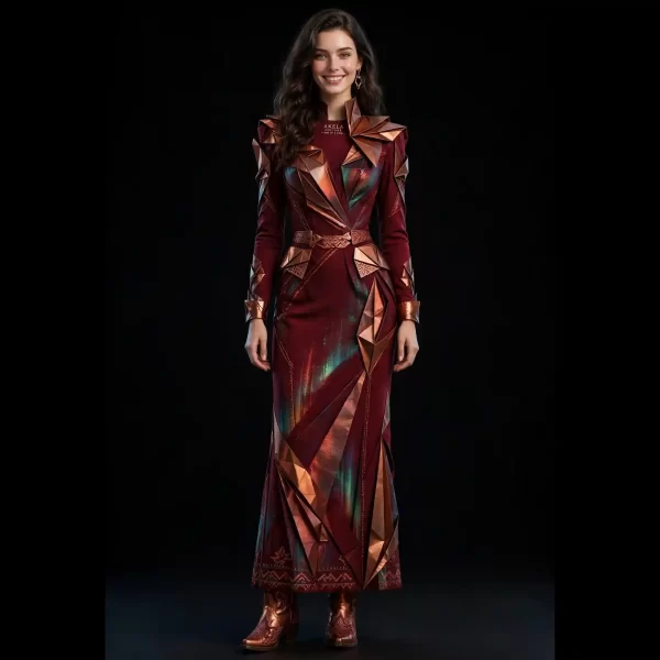 Akela Aurora ExpensiveE Burgundy Copper Iridescent Origami Armor Dress