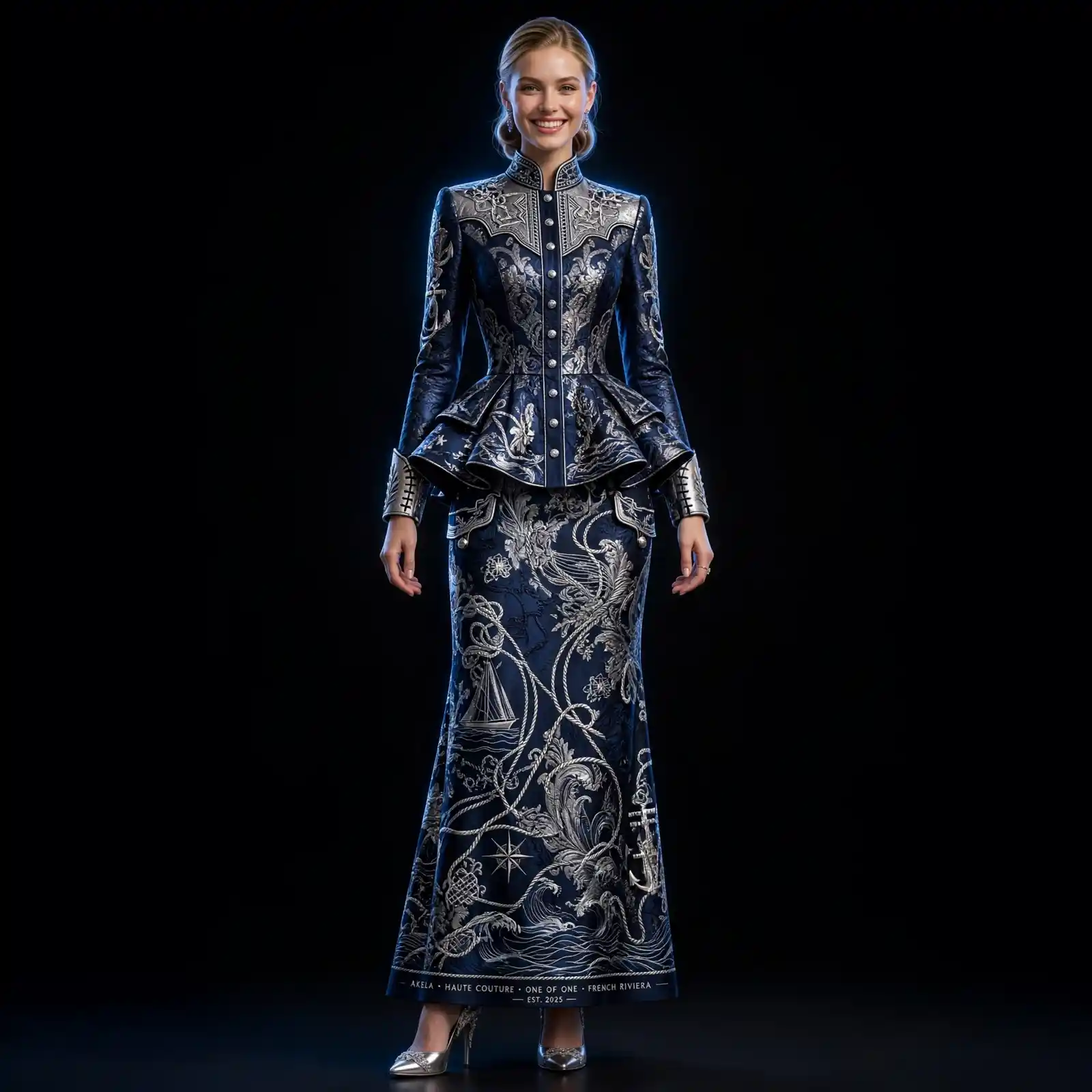 Nautical Admiral ExpensiveE Midnight Blue Silver Embroidered Peplum MermaidGown