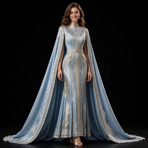 Akela Celestial ExpensiveE Sky Blue Gold Embroidered Cape MermaidGown