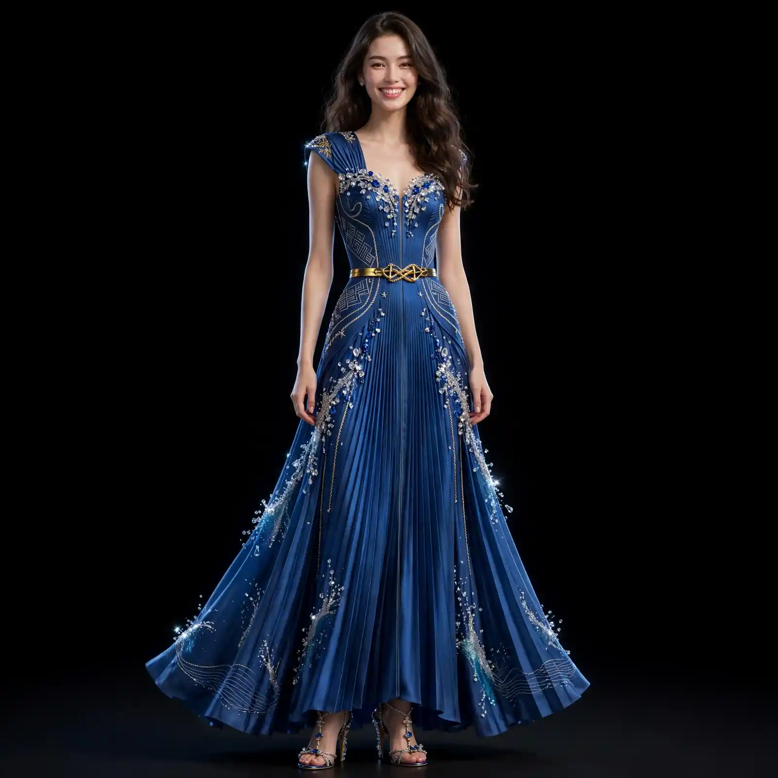 Akela Sapphire Tide ExpensiveE Royal Blue Pleated Crystal Beaded MermaidGown with Gold Belt