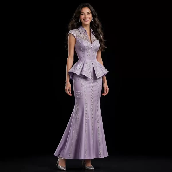 Akela Lilac Baroque ExpensiveE Lavender Peplum Embroidered Corset Mermaid Gown with Chain