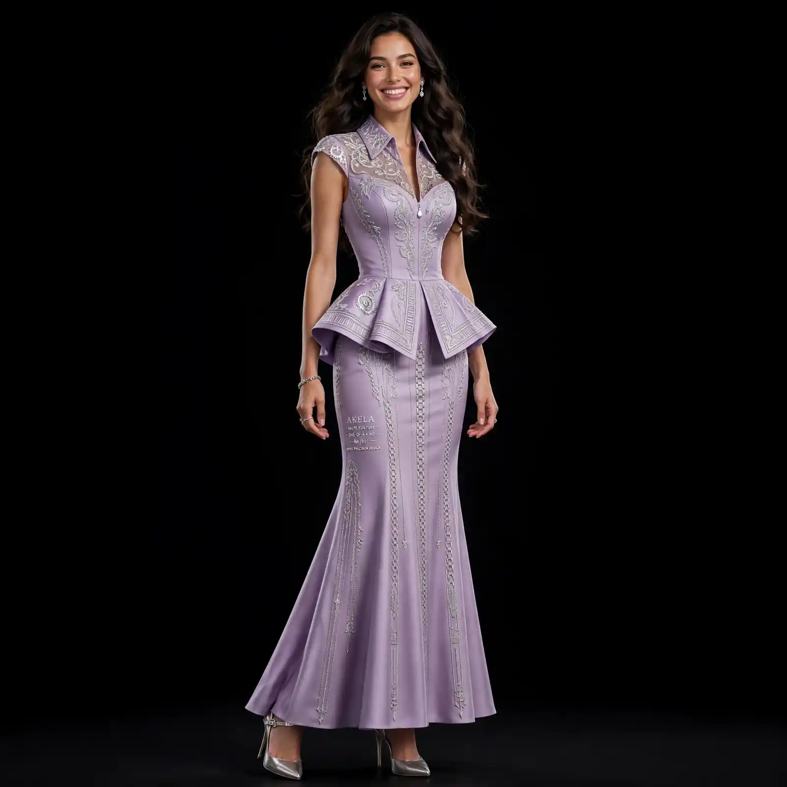 Akela Lilac Baroque ExpensiveE Lavender Peplum Embroidered Corset Mermaid Gown with Chain