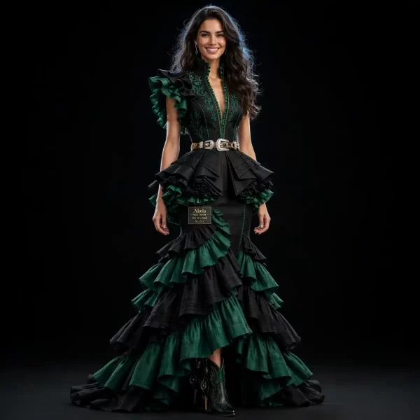 Akela Emerald Ruffle ExpensiveE Black Green Tiered Ruffle Western Peplum MermaidGown with Belt
