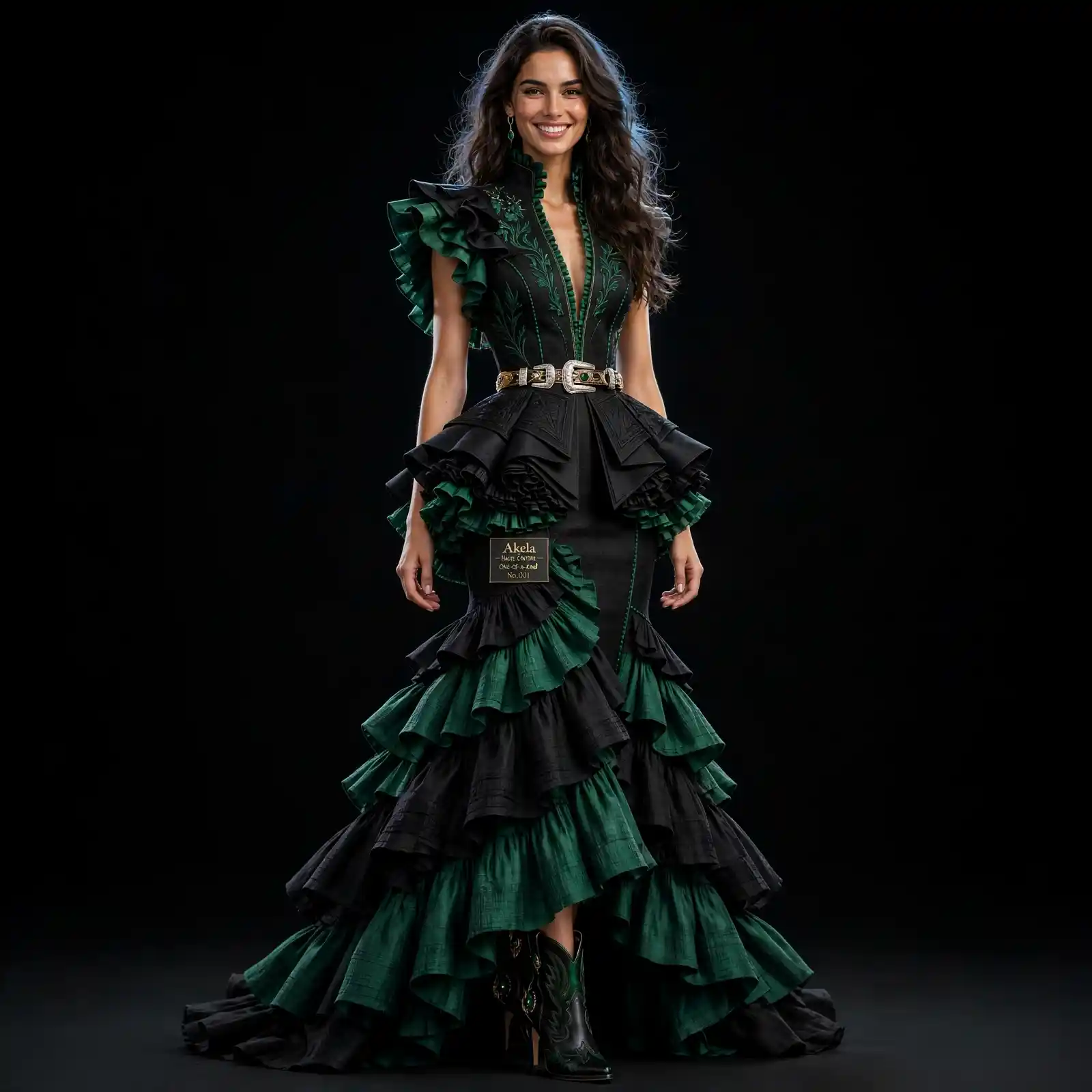 Akela Emerald Ruffle ExpensiveE Black Green Tiered Ruffle Western Peplum MermaidGown with Belt