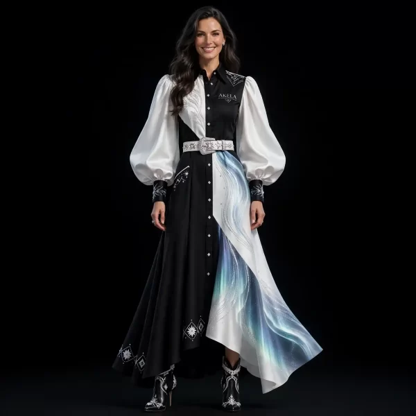 Akela Aurora Wave ExpensiveE Black White Iridescent Bishop Sleeve Western ShirtGown with Boots