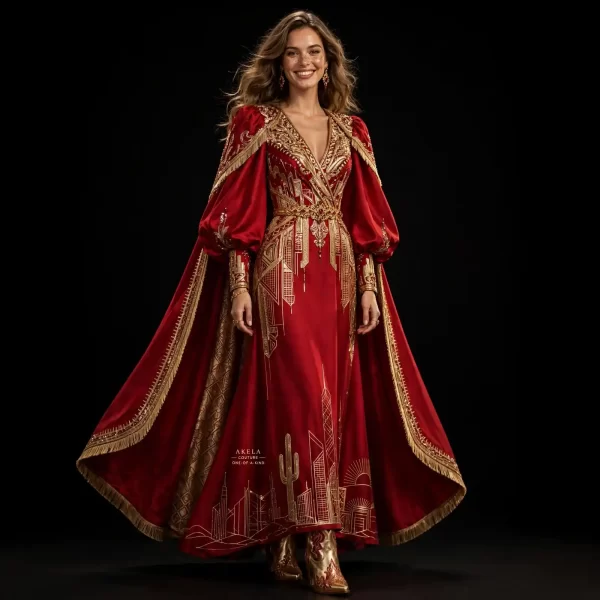 Akela Crimson Metropolis ExpensiveE Red Gold Art Deco Cape Ball Gown with Cactus Skyline