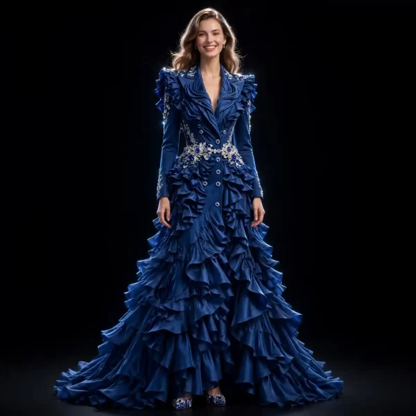 Akela Midnight Ruffle ExpensiveE Royal Blue Tiered Ruffle Blazer Ball Gown with Crystal Belt