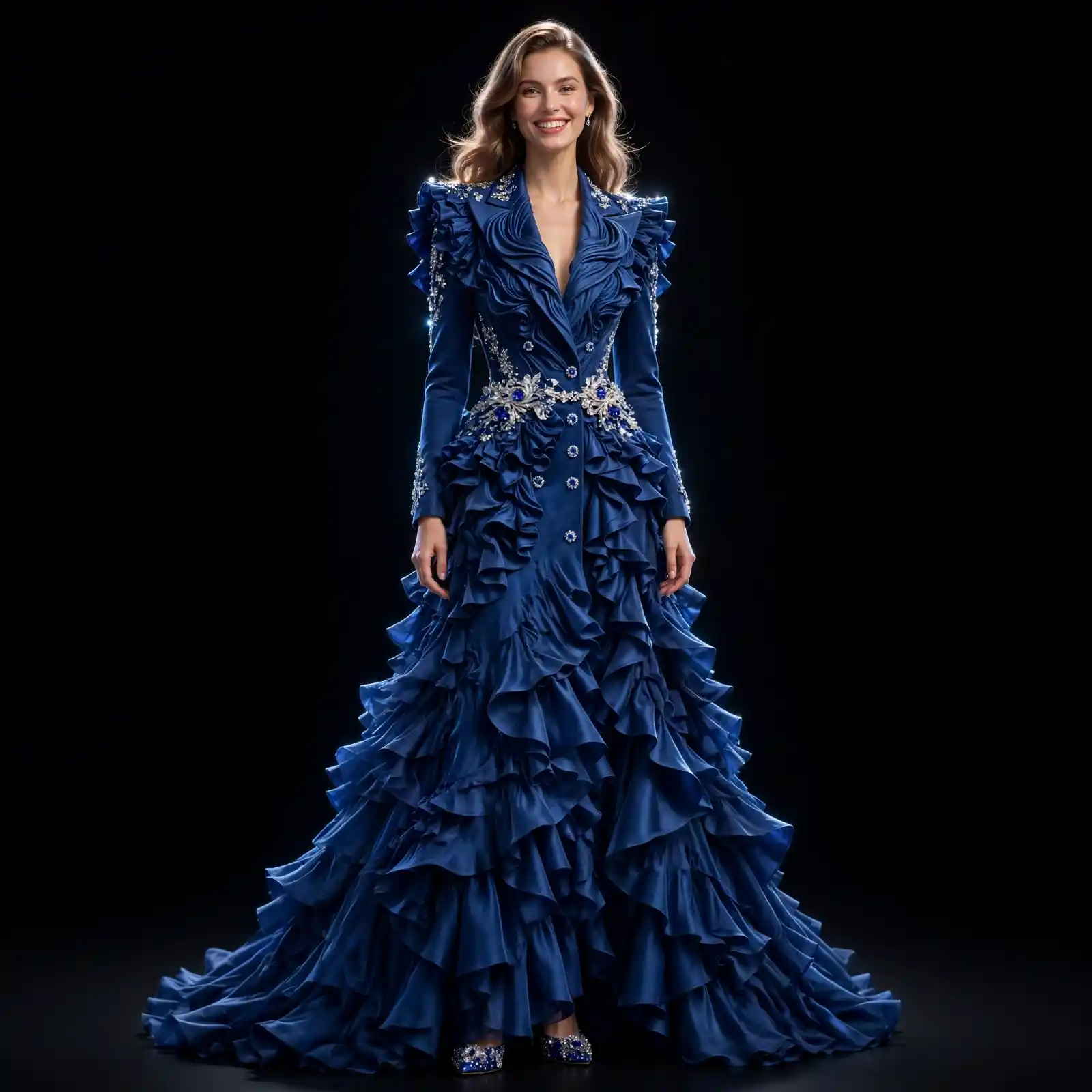 Akela Midnight Ruffle ExpensiveE Royal Blue Tiered Ruffle Blazer Ball Gown with Crystal Belt