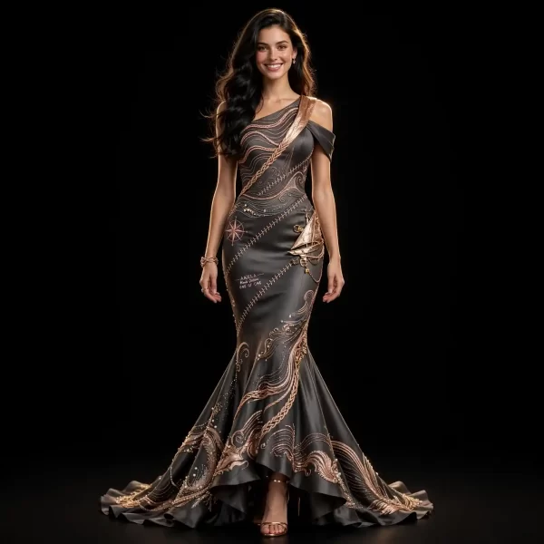 Akela Nautical Treasure ExpensiveE Charcoal Grey Gold Ship Embroidery MermaidGown One of One