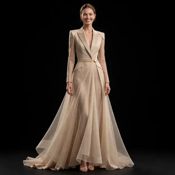 Akela Blush Minimalist ExpensiveE Nude Beige Tuxedo SheerGown with Train