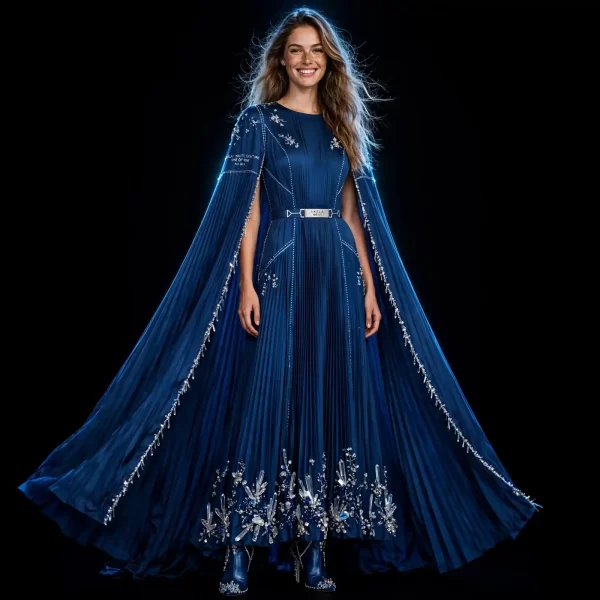 Akela Crystal Frost ExpensiveE Midnight Blue Pleated Cape Gown with Crystal Stalactite Beading