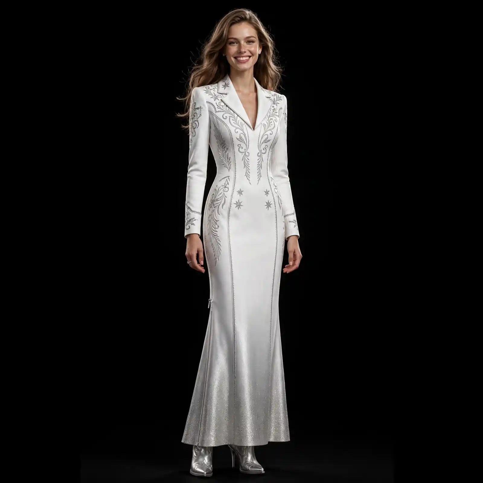 ExpensiveE White Silver Feather Star Western TuxedoGown with Silver Boots - AKELA 264