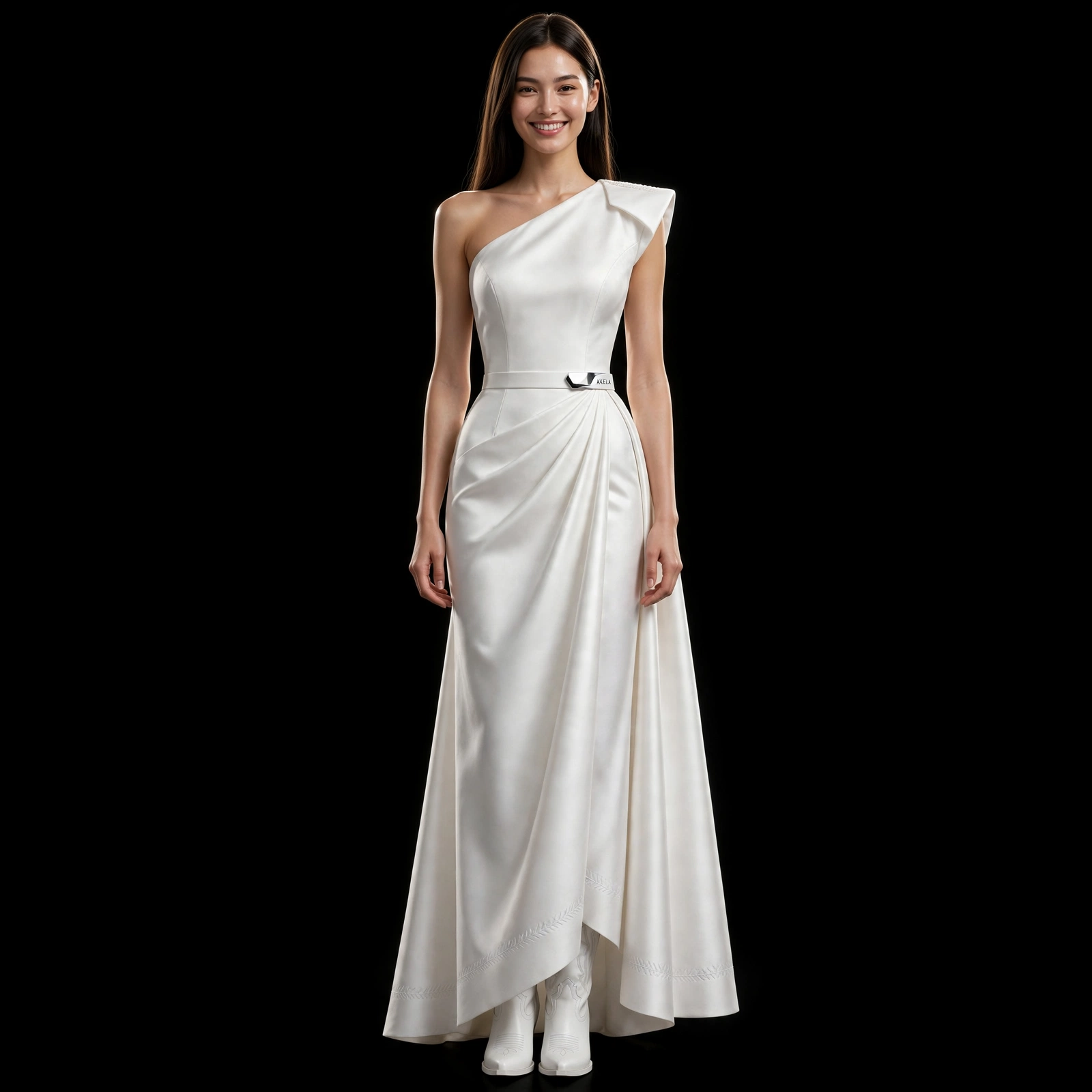 ExpensiveE White Minimal Draped Western WrapGown with AKELA Belt and White Cowboy Boots - AKELA 267