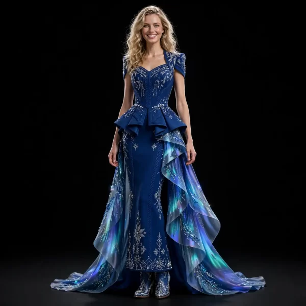 Akela Frost Aurora ExpensiveE Royal Blue Iridescent Peplum SnowflakeGown
